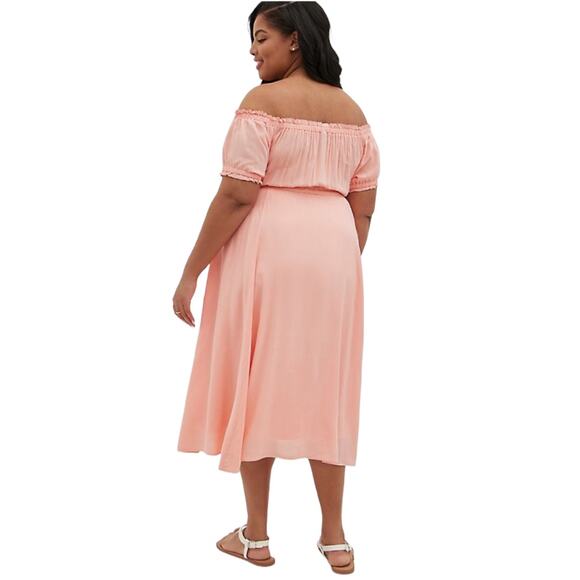 Torrid NWT Off-Shoulder Peasant Midi Dress - Challis Peach Size 4X Waist Tie - Picture 5 of 8